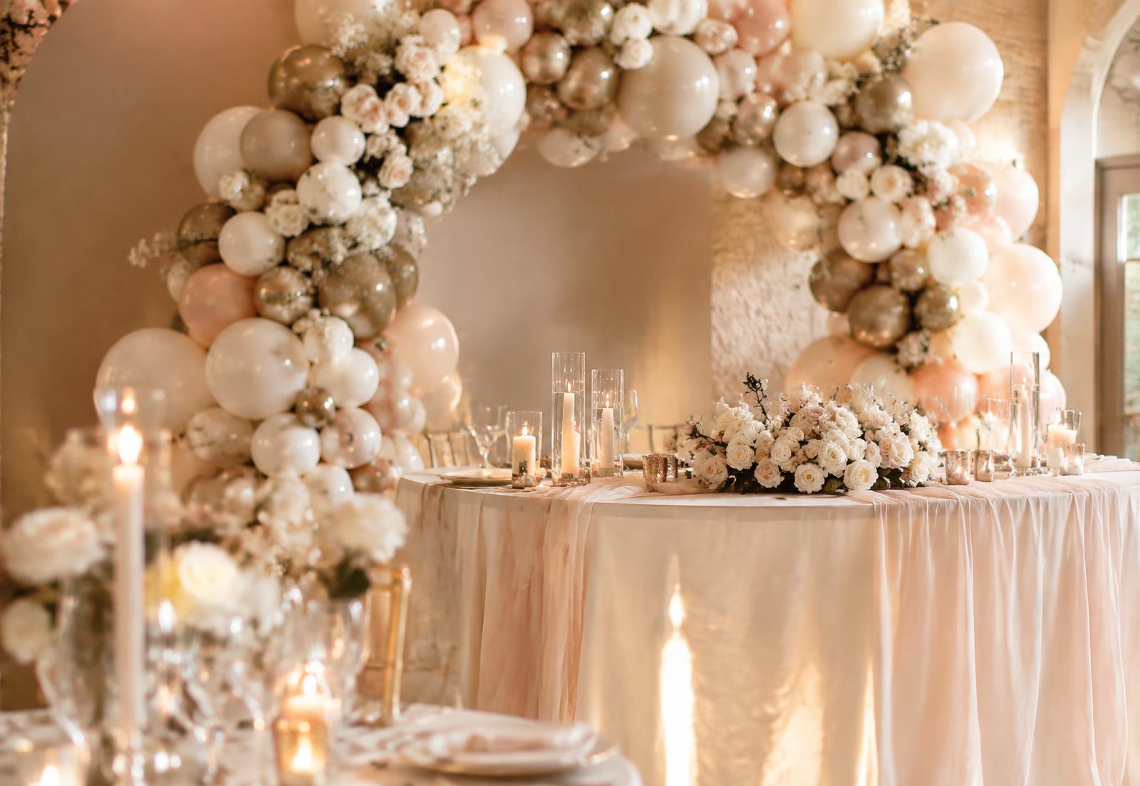 Ballonnenboog en tafelstyling in wit en goud